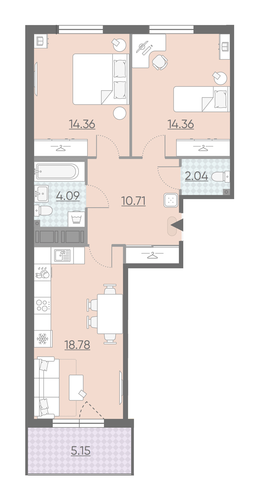 Двухкомнатная квартира в : площадь 66.92 м2 , этаж: 5 – купить в Санкт-Петербурге